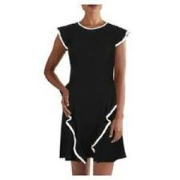 Shoshanna Mini Dress Black & White Ruffled Cap Sleeves Zip Size 12 Cocktail - Picture 1 of 8